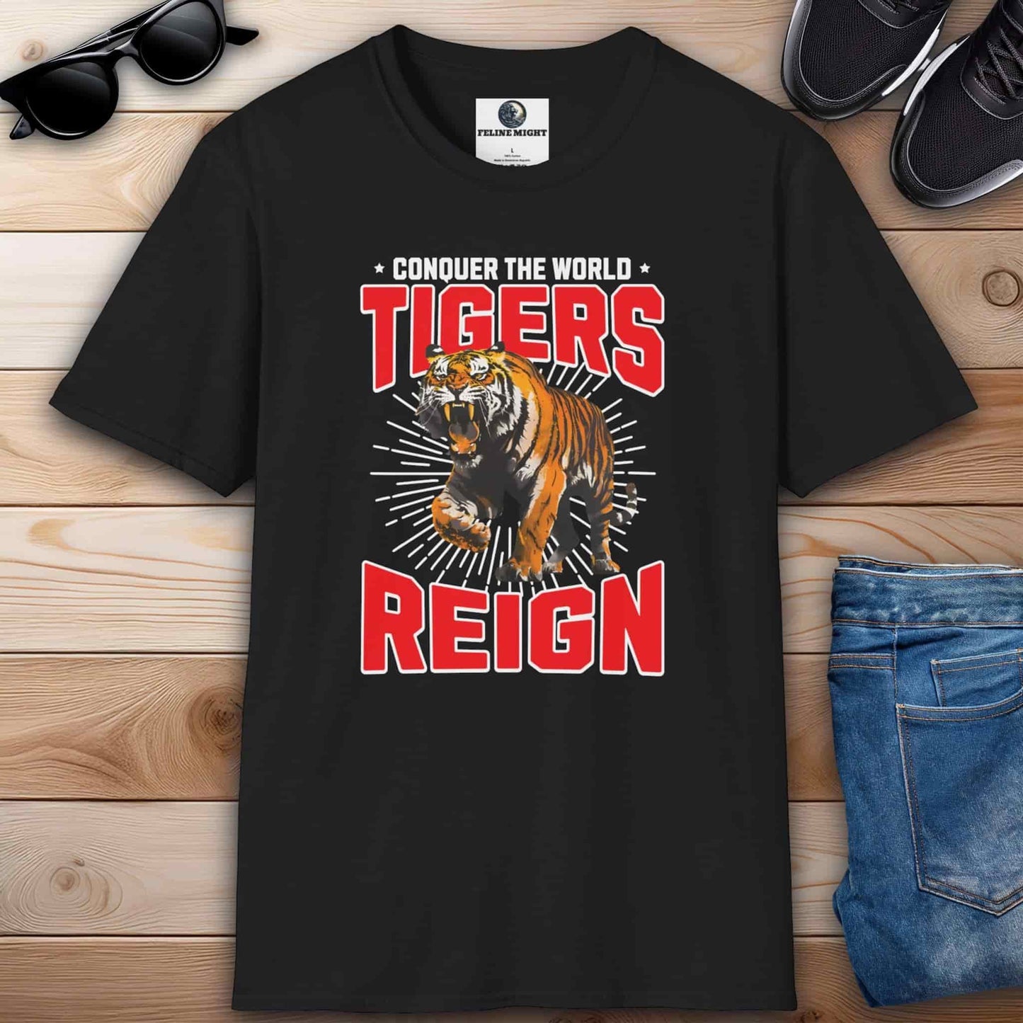 Black t-shirt with a tiger graphic and the text 'Tigers Reign - Conquer the World'