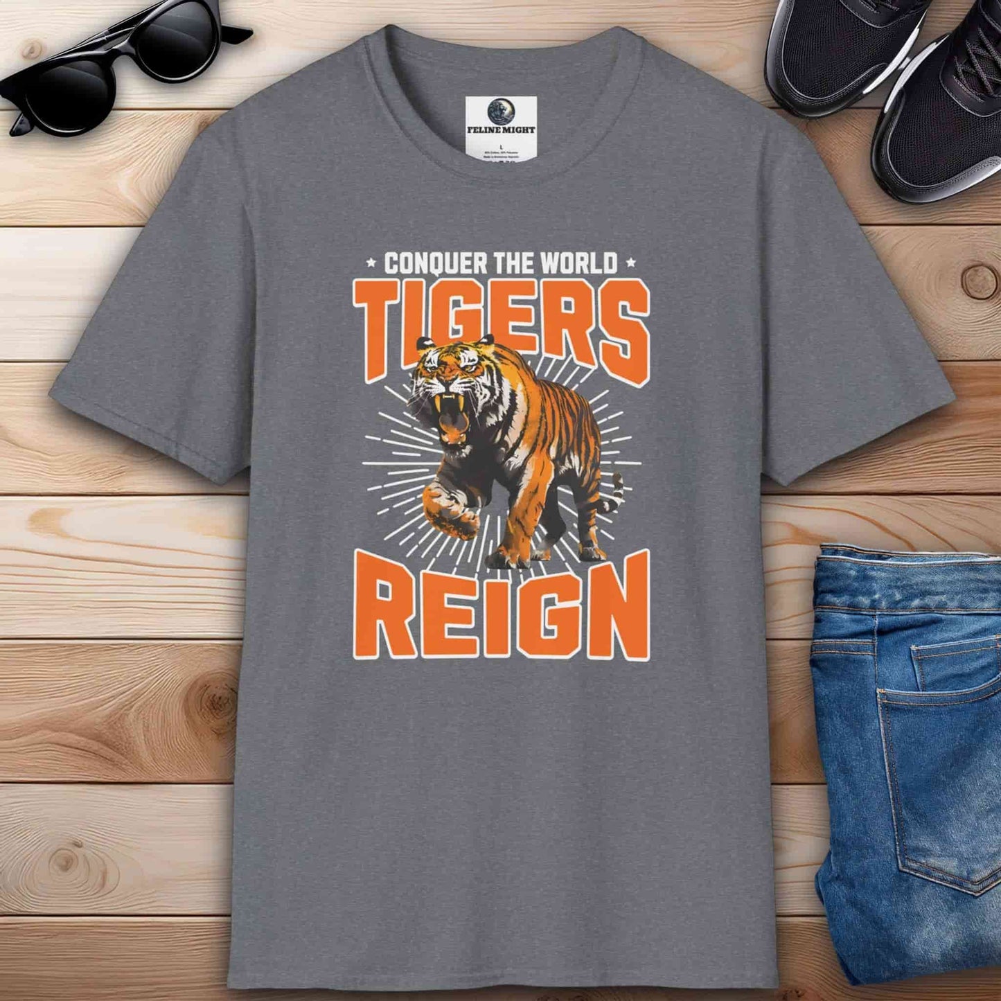 Athletic heather grey t-shirt with a tiger graphic and the text 'Tigers Reign - Conquer the World'