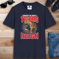 Navy blue Tigers Reign Graphic T-Shirt with a tiger graphic and the text 'Conquer the World'