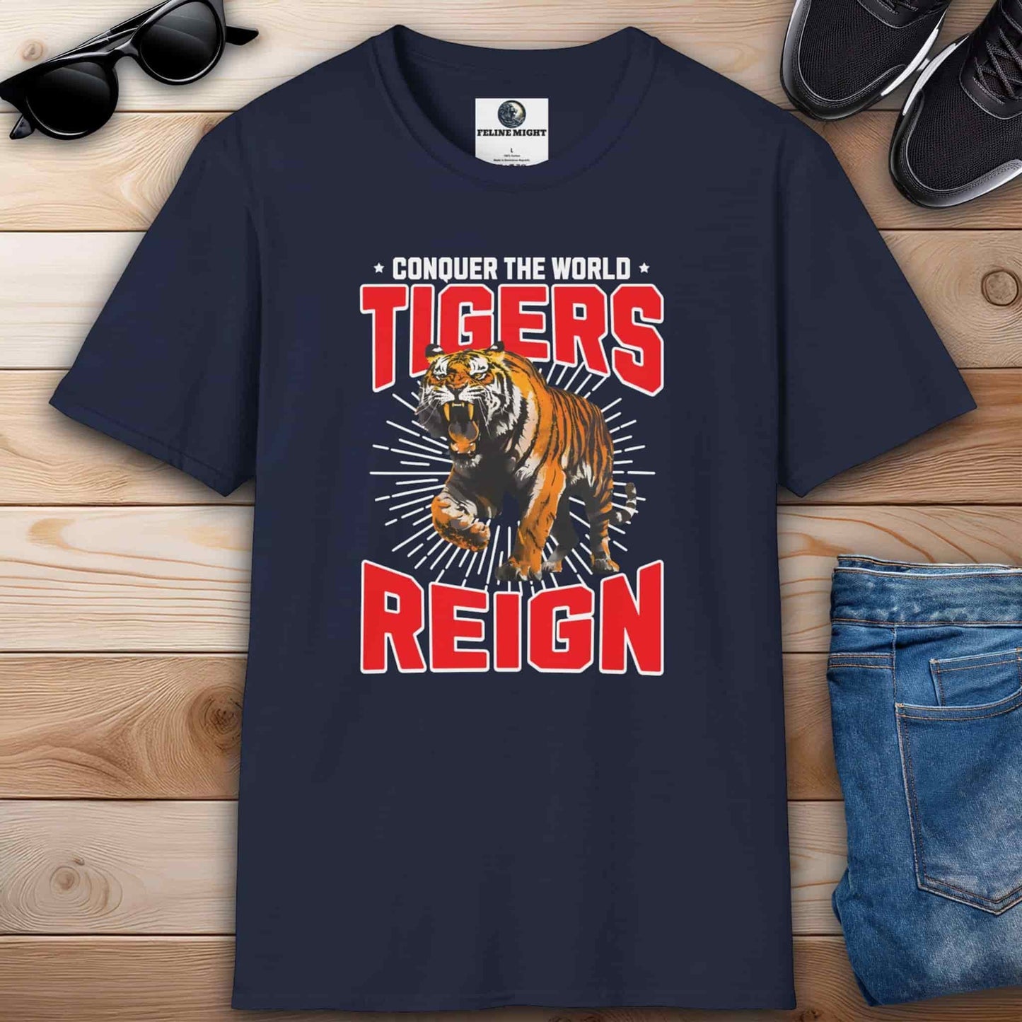 Navy blue t-shirt with a tiger graphic and the text 'Tigers Reign - Conquer the World'