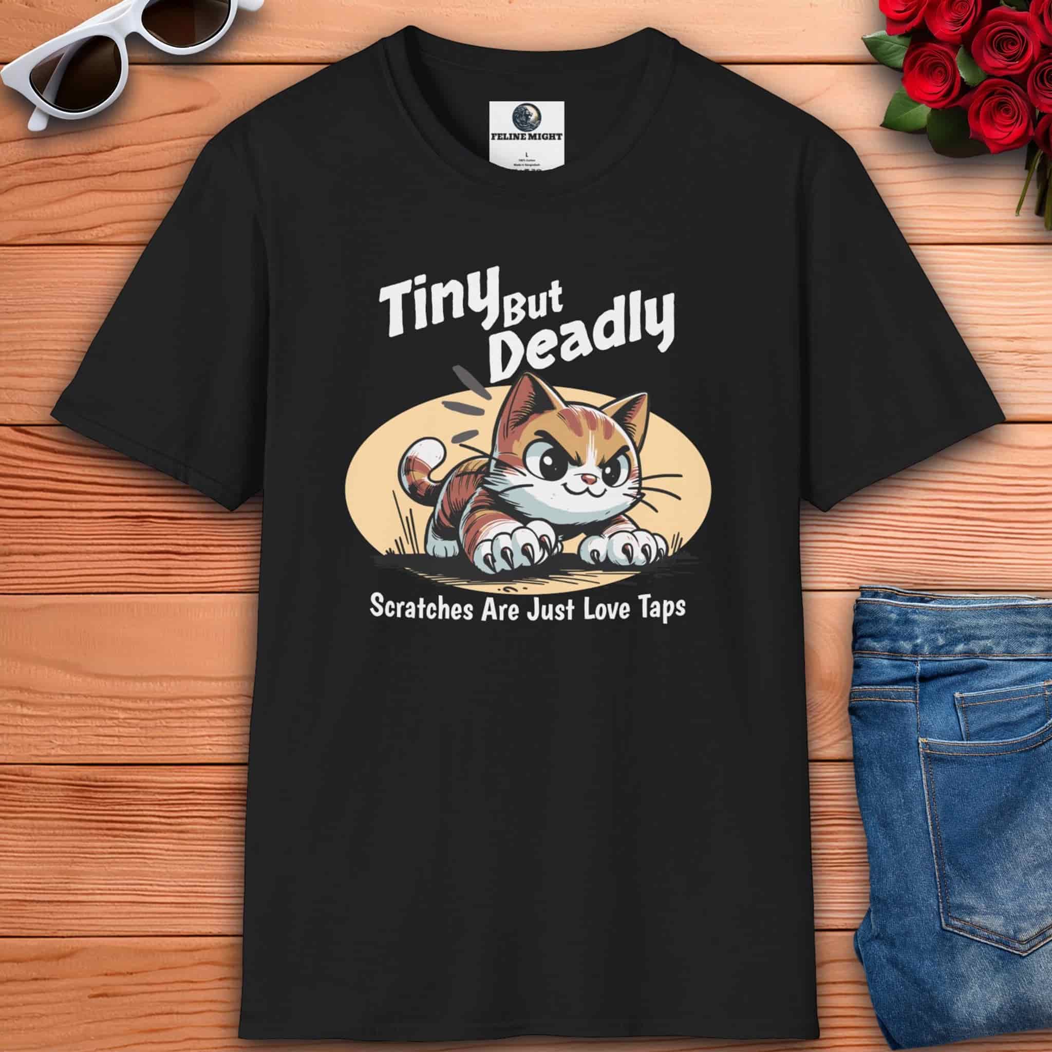 Black funny cat t-shirt featuring a playful cat graphic with the phrase 'Tiny But Deadly' and 'Scratches Are Just Love Taps'.