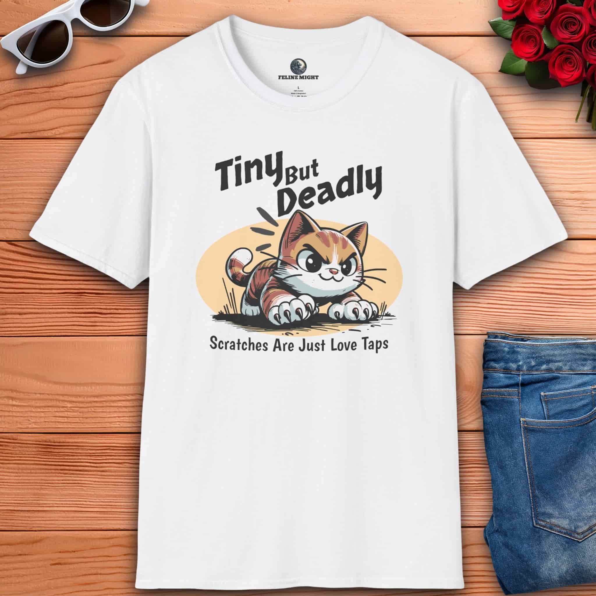 White funny cat t-shirt featuring a playful cat graphic with the phrase 'Tiny But Deadly' and 'Scratches Are Just Love Taps'.