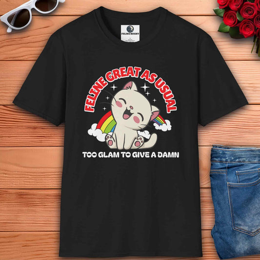 Black t-shirt featuring a playful cat and the phrase 'Too Glam To Give A Damn'.