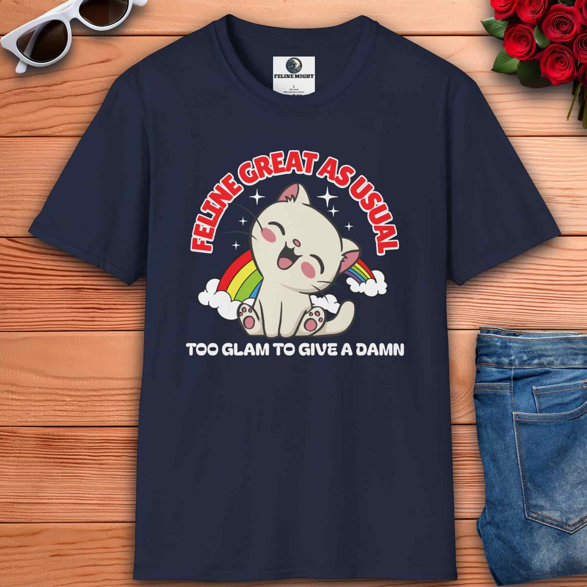 Navy blue t-shirt featuring a playful cat and the phrase 'Too Glam To Give A Damn'.