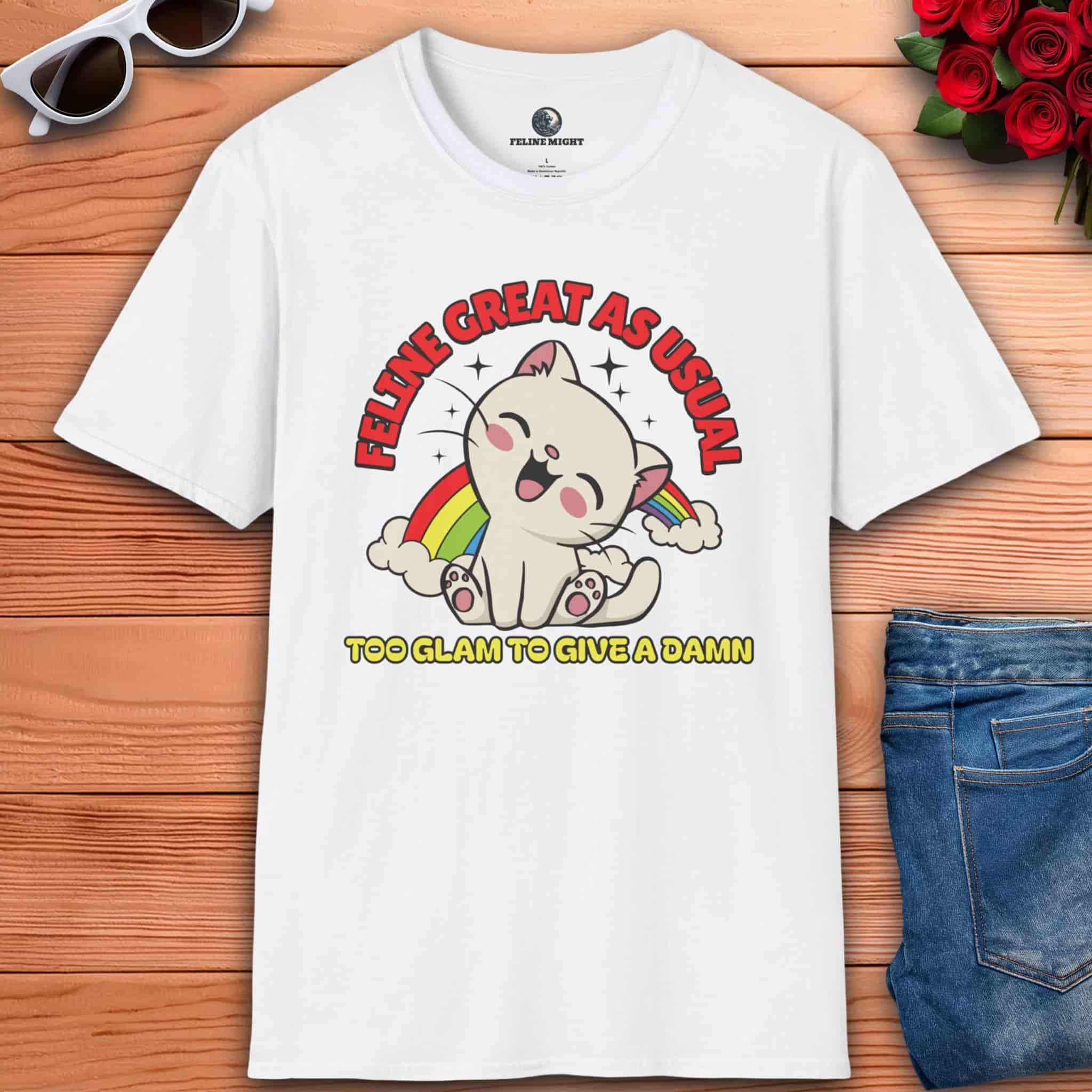 White t-shirt featuring a playful cat and the phrase 'Too Glam To Give A Damn'.