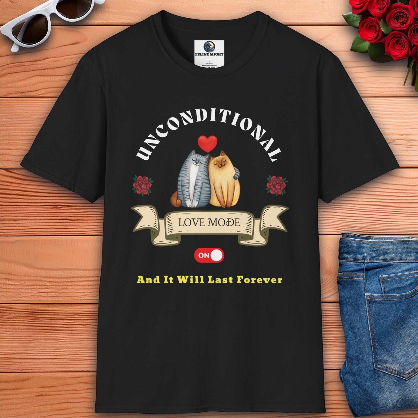 Black t-shirt featuring two cartoon cats in love with the text 'Unconditional Love Mode ON'