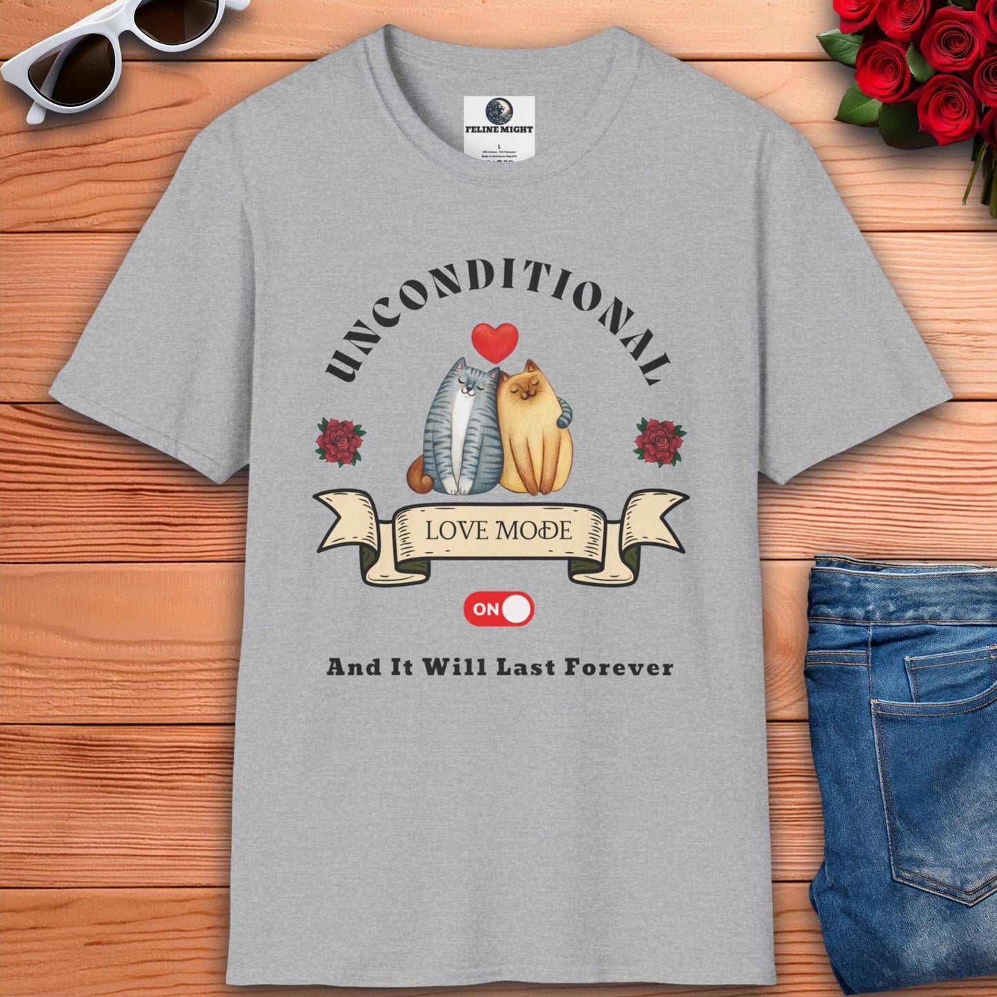 Grey t-shirt featuring two cartoon cats in love with the text 'Unconditional Love Mode ON'