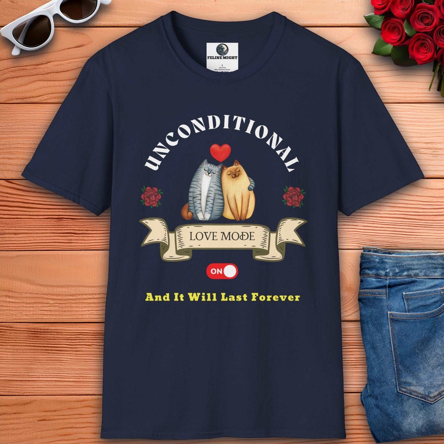 Navy blue t-shirt featuring two cartoon cats in love with the text 'Unconditional Love Mode ON'