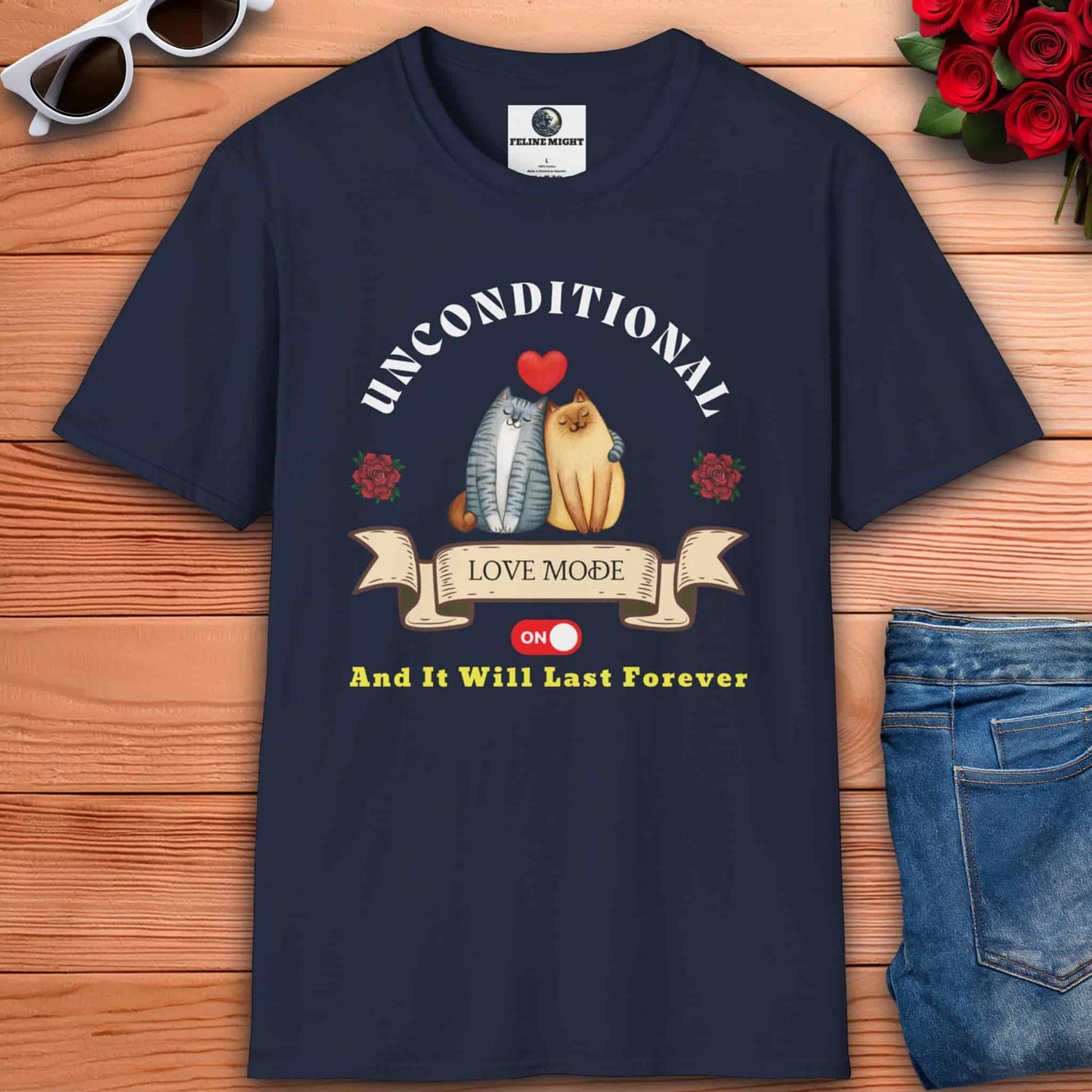 Romantic navy blue t-shirt featuring two cartoon cats in love with the text 'Unconditional Love Mode ON'