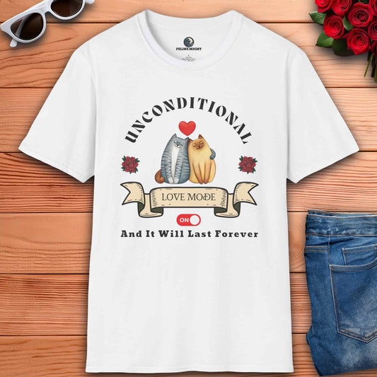 Romantic white t-shirt featuring two cartoon cats in love with the text 'Unconditional Love Mode ON'