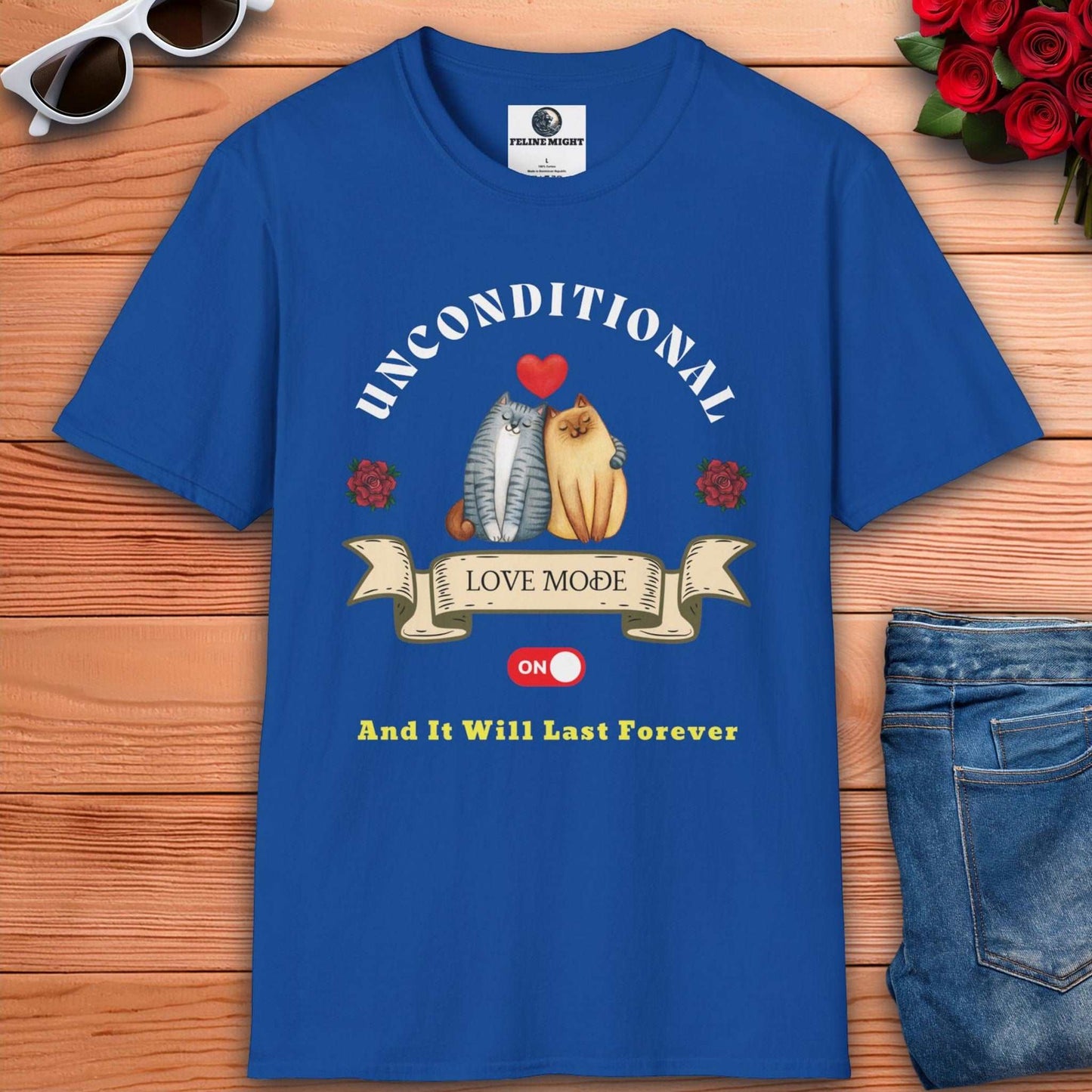 Royal blue t-shirt featuring two cartoon cats in love with the text 'Unconditional Love Mode ON'