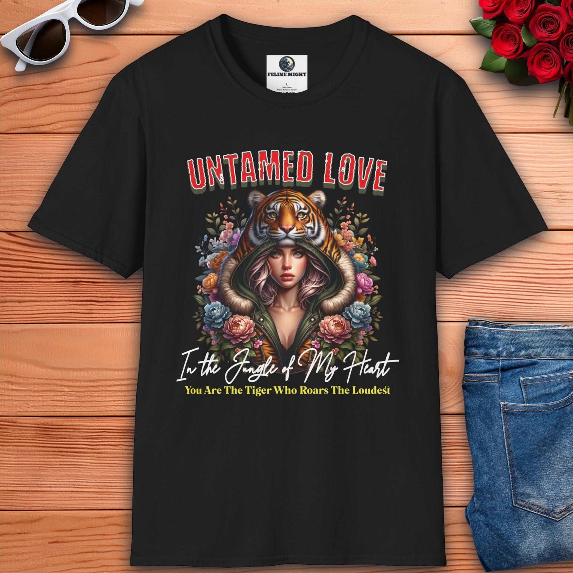 Black t-shirt featuring a woman in a tiger hood with floral designs and the text 'Untamed Love'