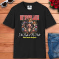 A black Untamed Love Jungle Tiger T-Shirt featuring bold graphic design and floral accents, perfect for expressing romantic passion.