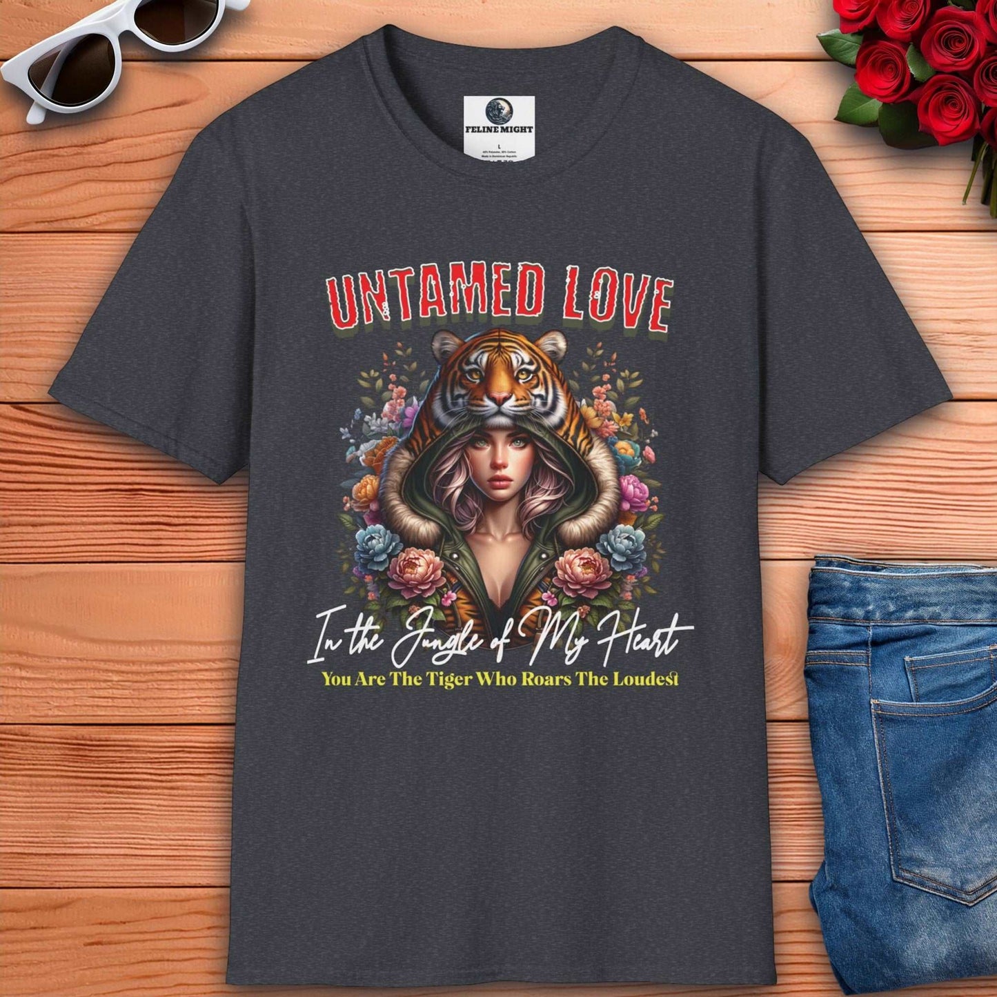 Dark heather grey t-shirt featuring a woman in a tiger hood with floral designs and the text 'Untamed Love'