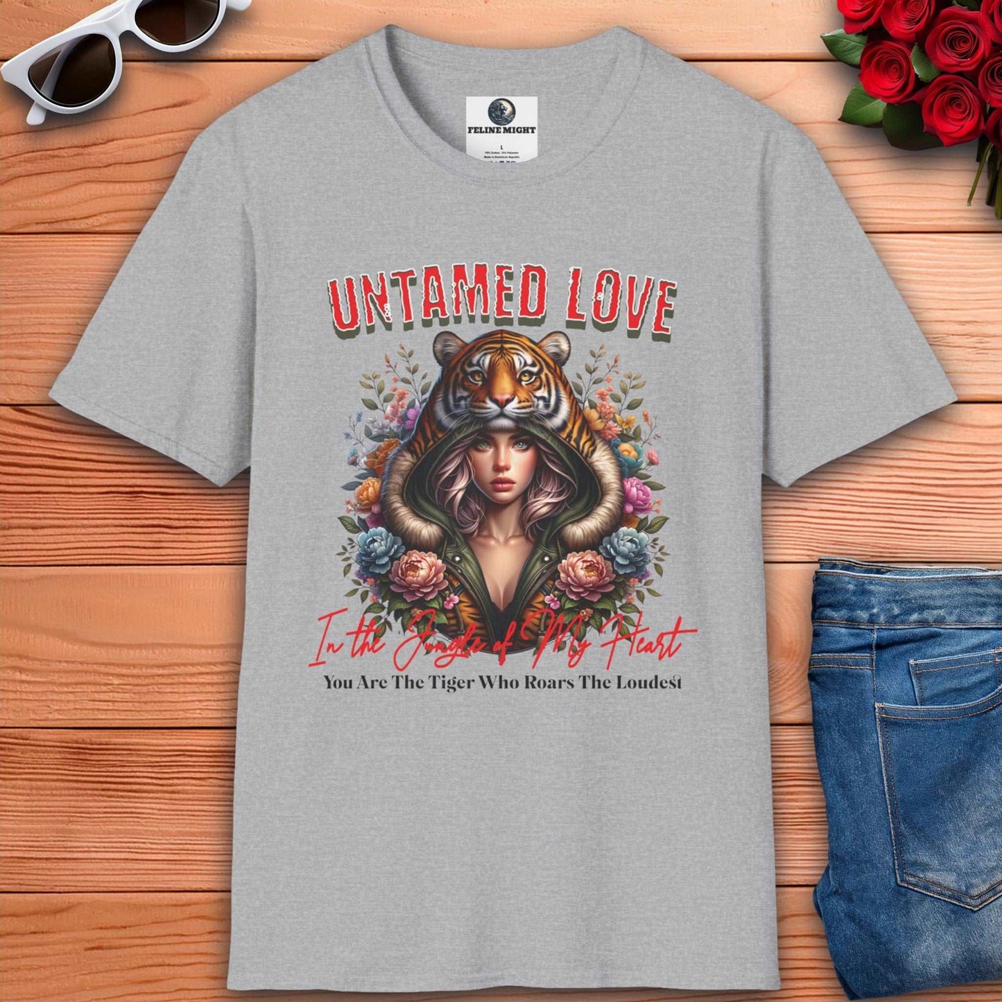 Grey t-shirt featuring a woman in a tiger hood with floral designs and the text 'Untamed Love'