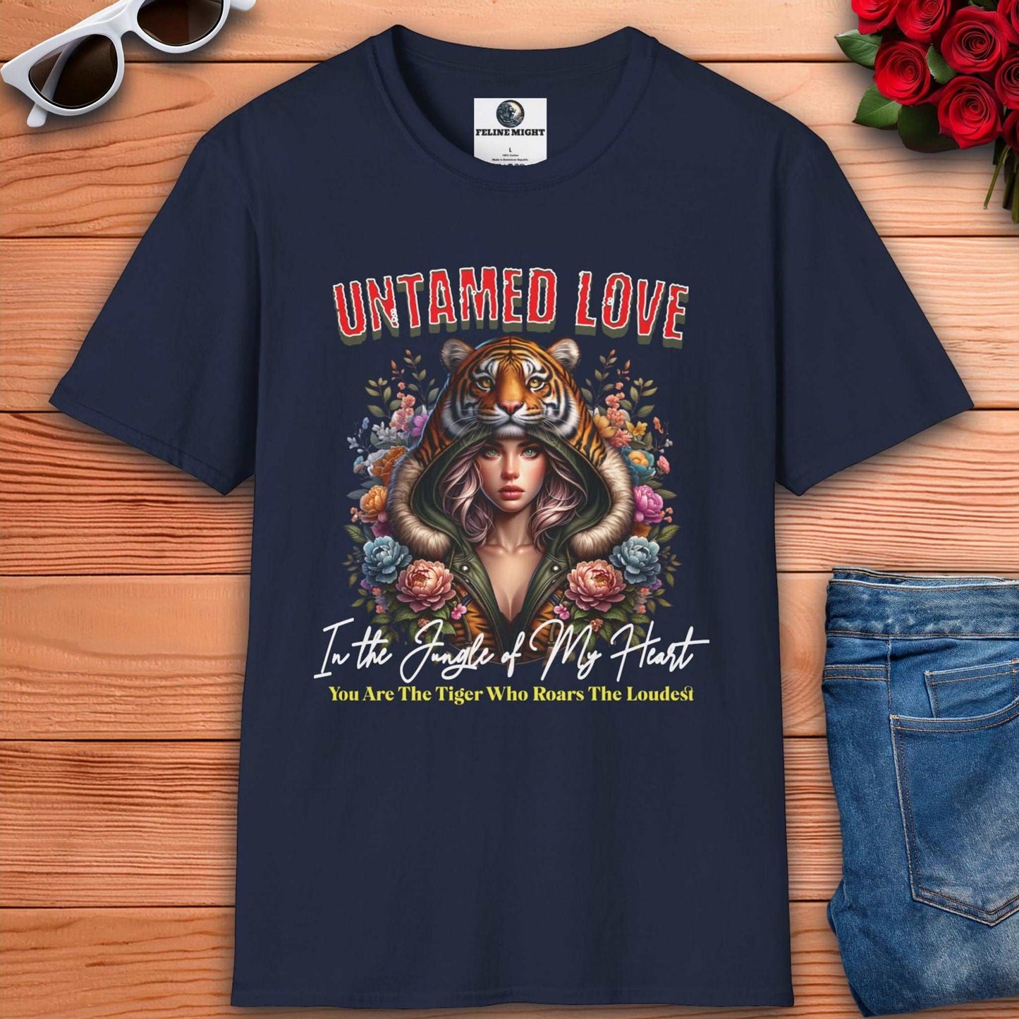 Navy blue t-shirt featuring a woman in a tiger hood with floral designs and the text 'Untamed Love'