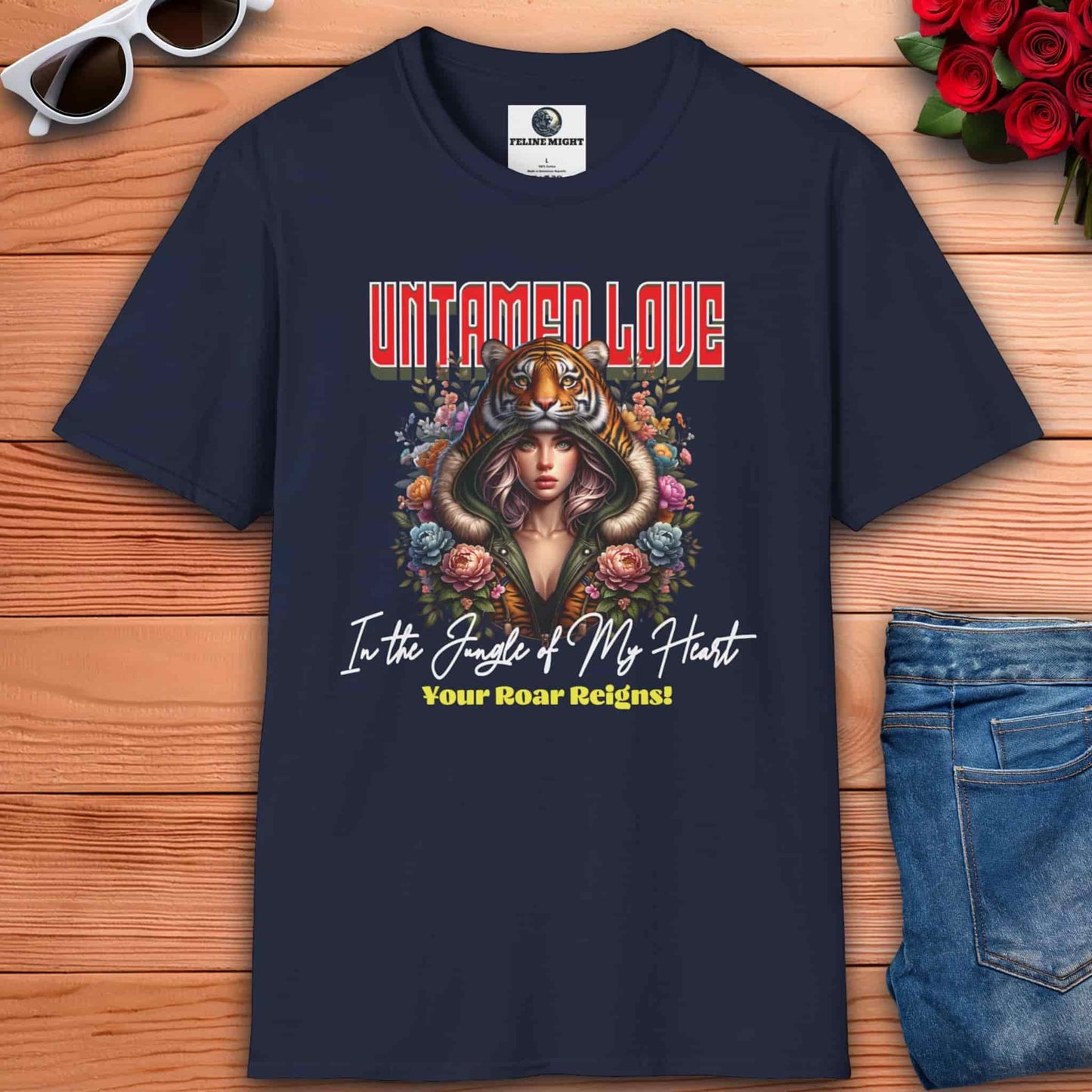 Navy blue t-shirt featuring 'Untamed Love' graphic with a woman in a tiger hoodie and floral design.