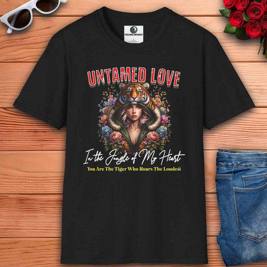 Black t-shirt featuring 'Untamed Love' design with a tiger hood and floral elements