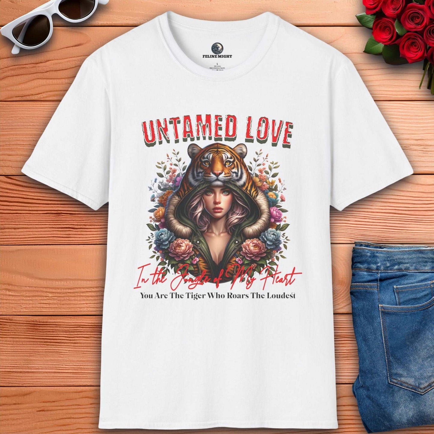 White t-shirt featuring a woman in a tiger hood with floral designs and the text 'Untamed Love'