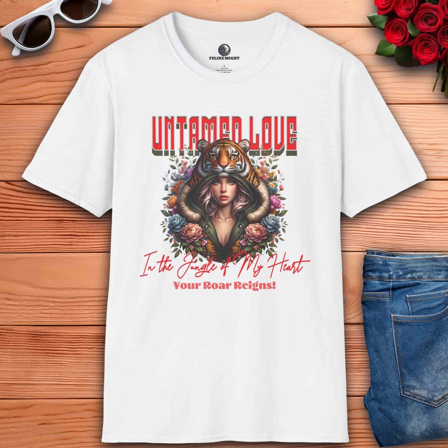 White t-shirt featuring 'Untamed Love' graphic with a woman in a tiger hoodie and floral design.