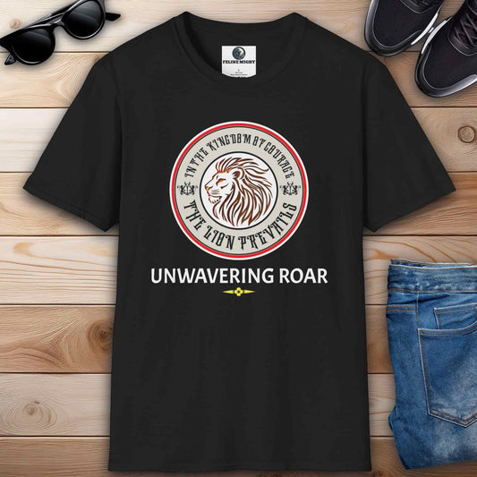 Black t-shirt featuring a lion design with the phrase 'Unwavering Roar'