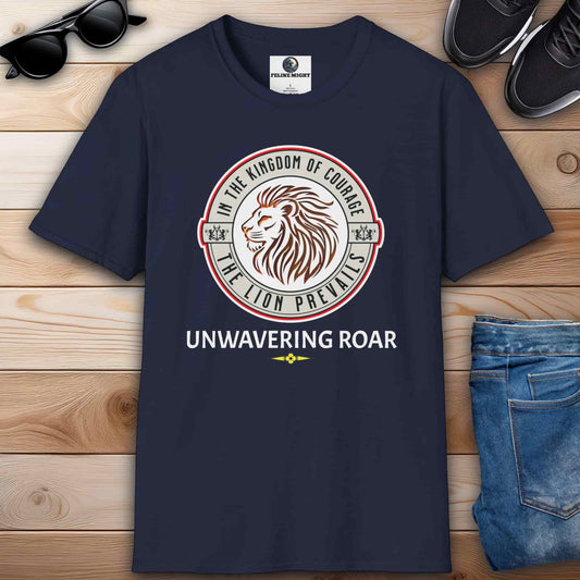 Navy blue t-shirt featuring a lion design with the phrase 'Unwavering Roar'