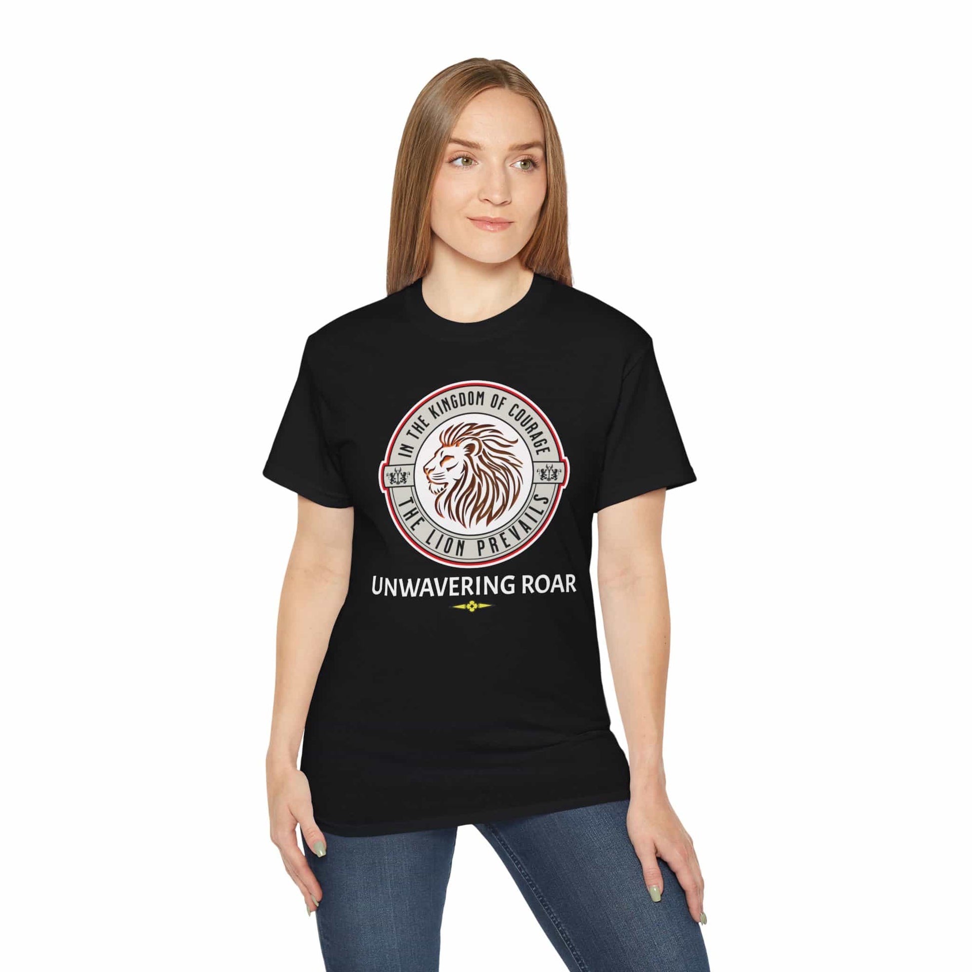 A woman wearing a Unwavering Roar Lion T-Shirt featuring a lion graphic and bold text design on a black unisex premium tee.