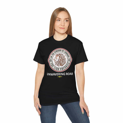 A woman wearing a Unwavering Roar Lion T-Shirt featuring a lion graphic and bold text design on a black unisex premium tee.