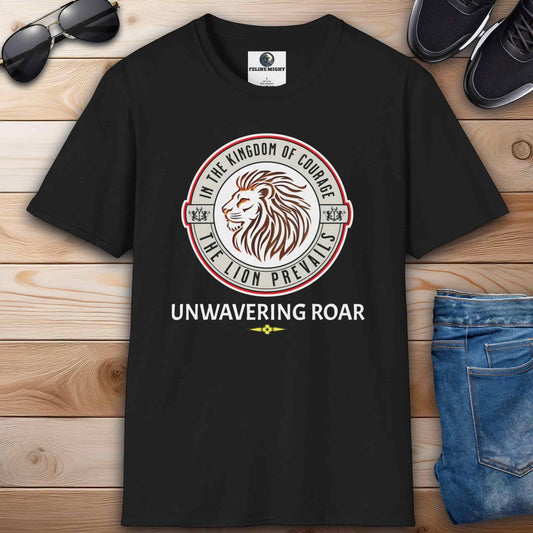 Unwavering Roar Lion T-Shirt featuring a lion graphic and bold text design on a black unisex premium tee.
