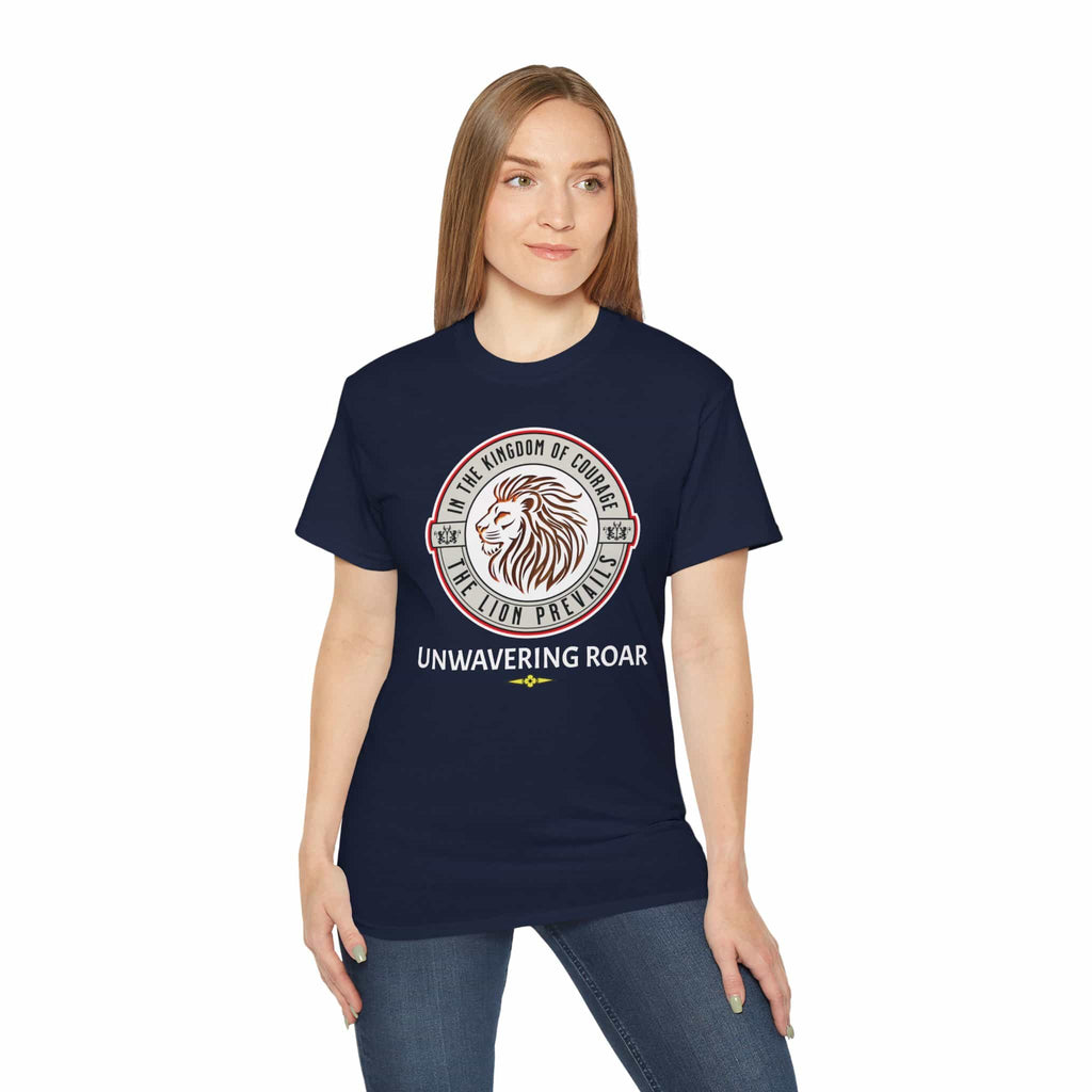 Navy blue Unwavering Roar Lion Graphic T-Shirt on a female model with an elegant lion graphic and the text Unwavering Roar.