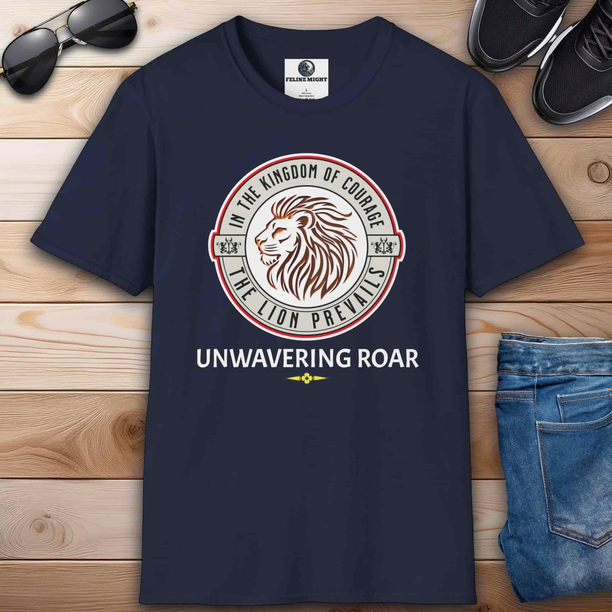 Navy blue Unwavering Roar Lion Graphic T-Shirt with an elegant lion graphic and the text Unwavering Roar.