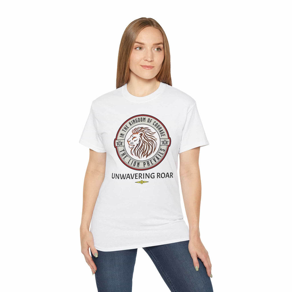 White Unwavering Roar Lion Graphic T-Shirt on a female model with an elegant lion graphic and the text Unwavering Roar.