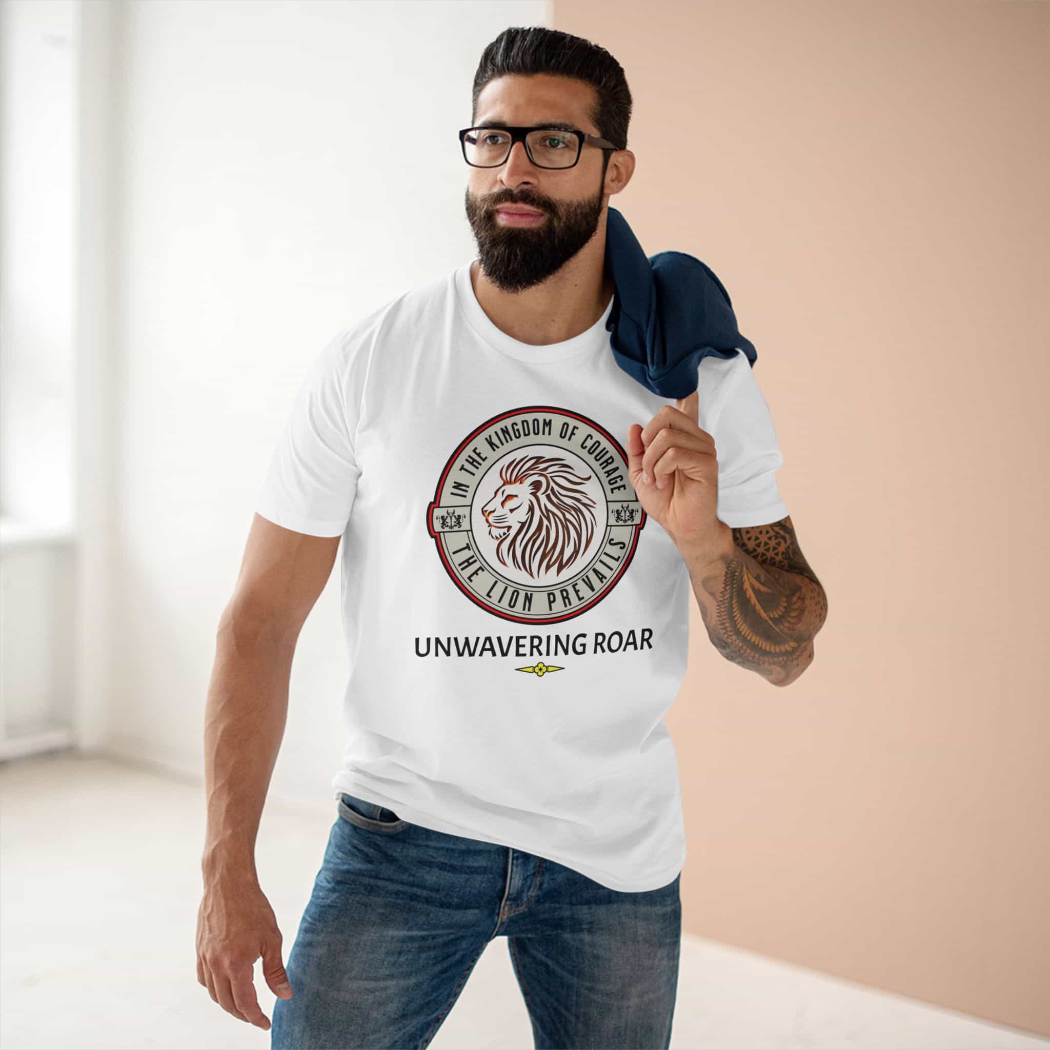 White Unwavering Roar Lion Graphic T-Shirt on a male model with an elegant lion graphic and the text Unwavering Roar.