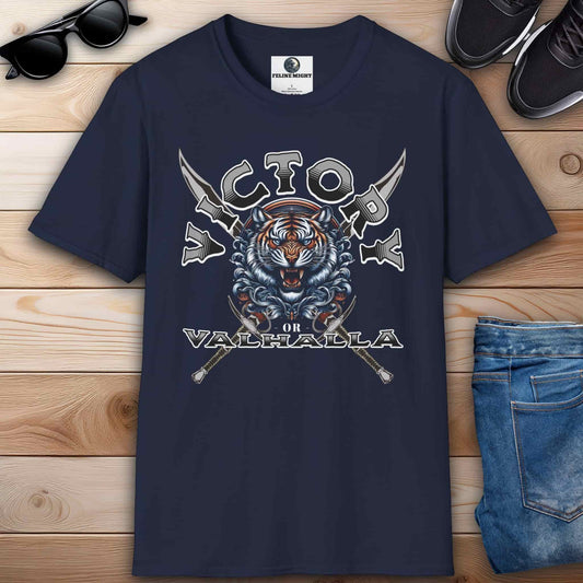 Navy blue t-shirt featuring a tiger graphic with the text 'Victory or Valhalla'