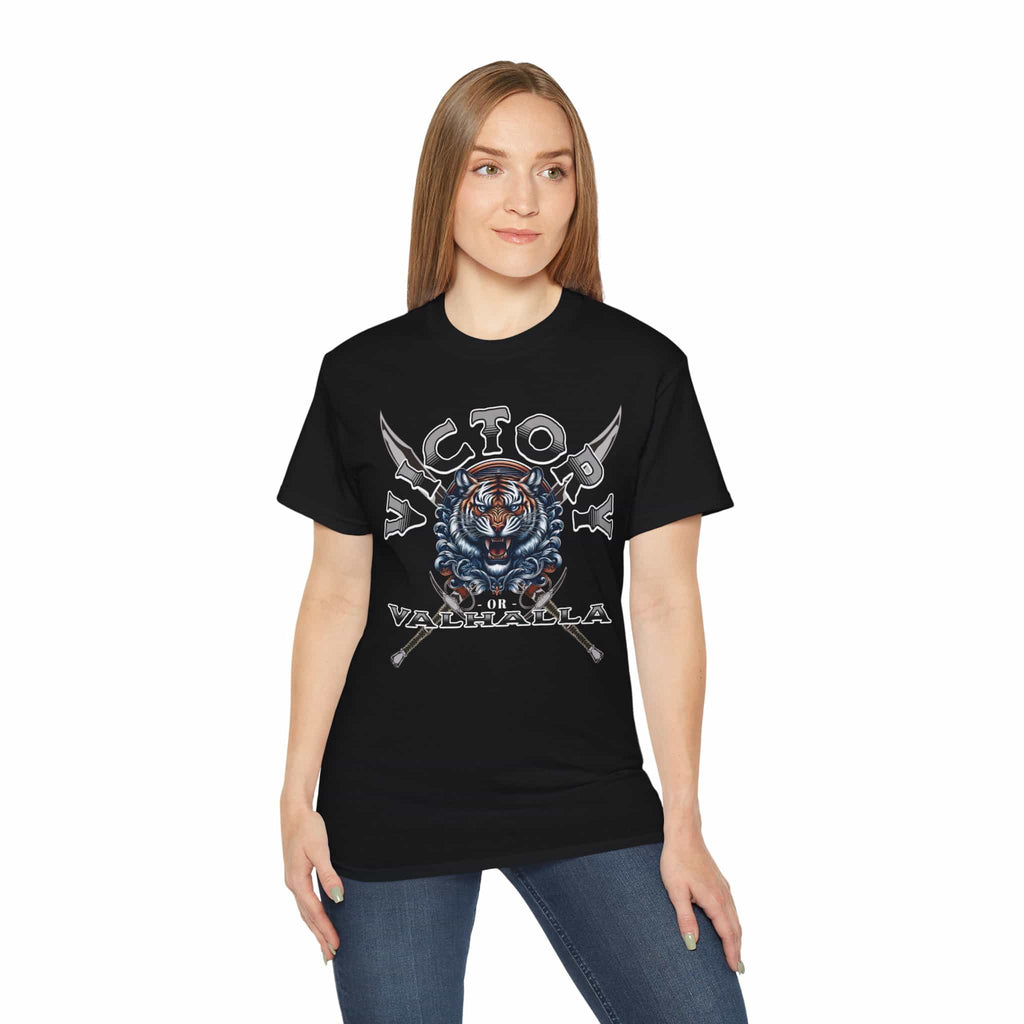 A woman wearing a black Viking Tiger T-Shirt featuring bold design with tiger and crossed swords.