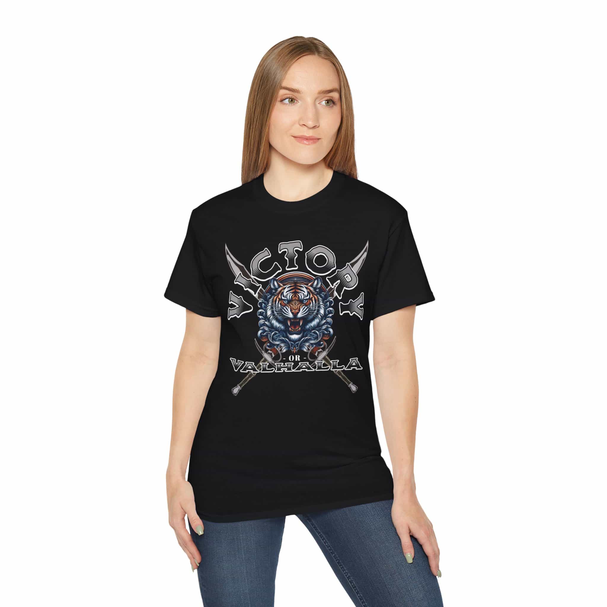 A woman wearing a black Viking Tiger T-Shirt featuring bold design with tiger and crossed swords.