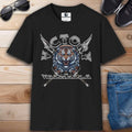 A black Viking Tiger T-Shirt featuring bold design with tiger and crossed swords.