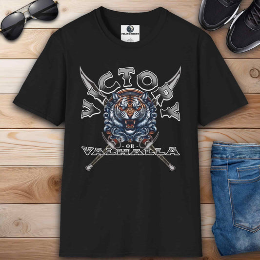 A black Victory or Valhalla Tiger T-Shirt featuring bold design with tiger and crossed swords.