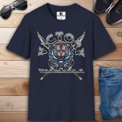 A navy blue Victory or Valhalla Tiger T-Shirt featuring bold design with tiger and crossed swords.