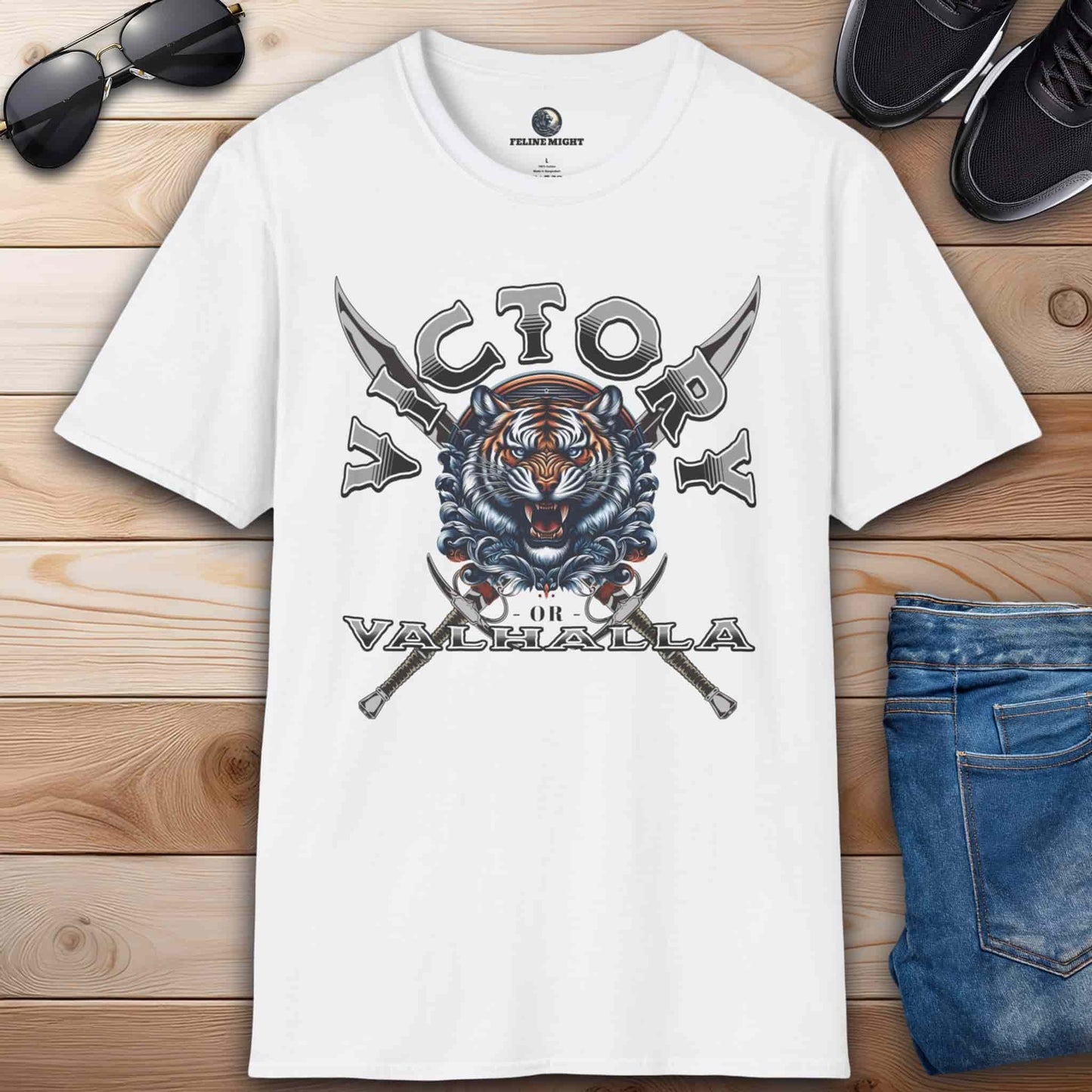 A white Victory or Valhalla Tiger T-Shirt featuring bold design with tiger and crossed swords.