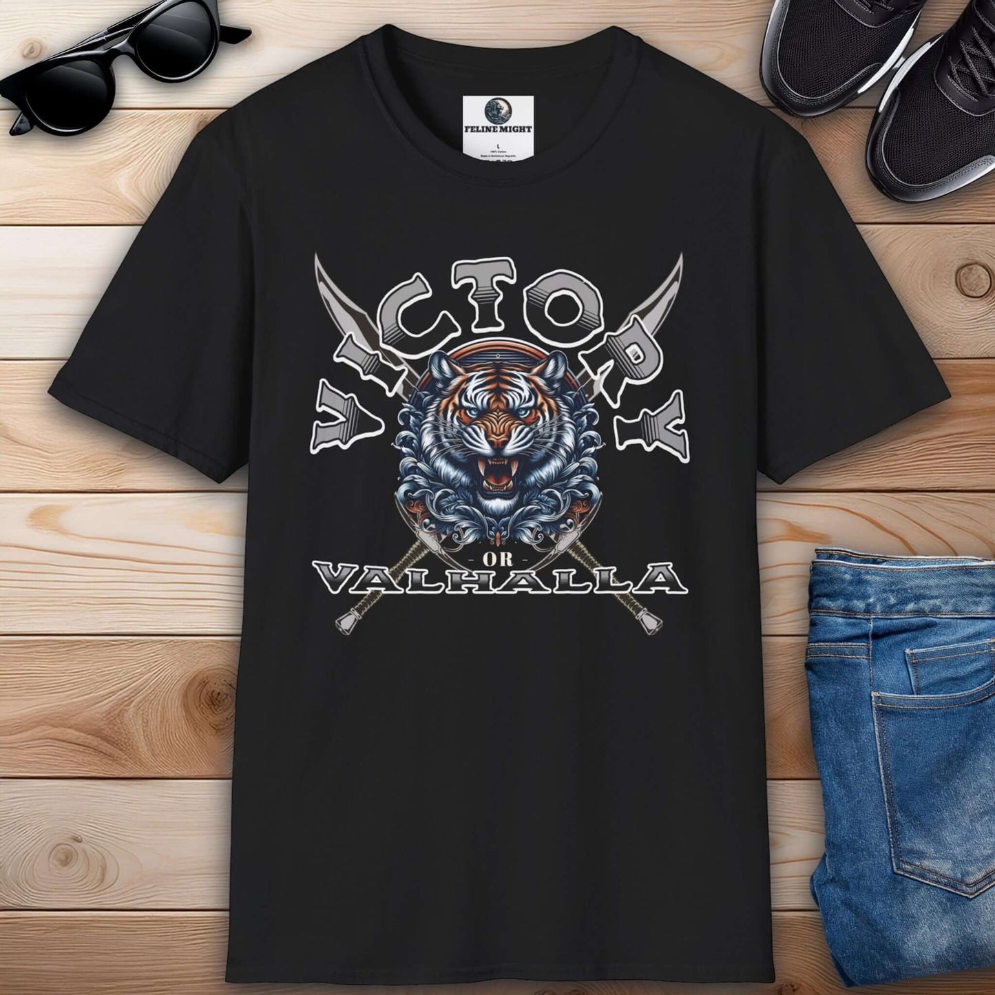 Black graphic t-shirt featuring a roaring tiger with swords, captioned 'Victory or Valhalla'