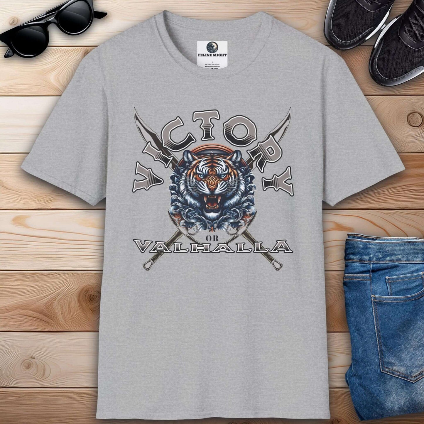 Grey graphic t-shirt featuring a roaring tiger with swords, captioned 'Victory or Valhalla'