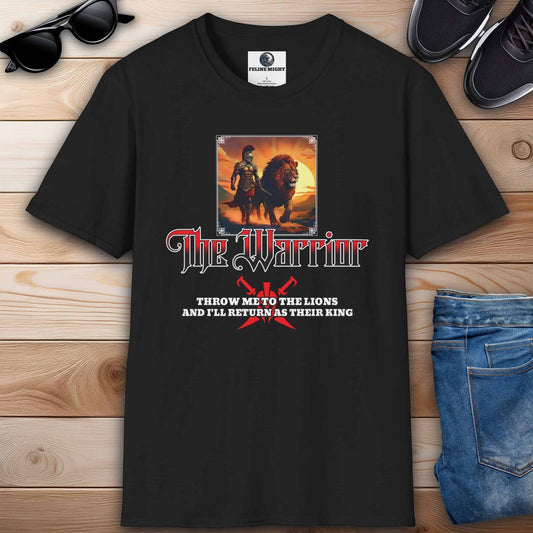 Black T-shirt depicting a warrior with a lion and the phrase 'Throw me to the lions and I will return as your king'.