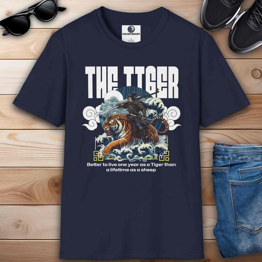 Navy blue t-shirt featuring a tiger and a warrior with the quote 'Better to live one year as a Tiger than a lifetime as a sheep.'
