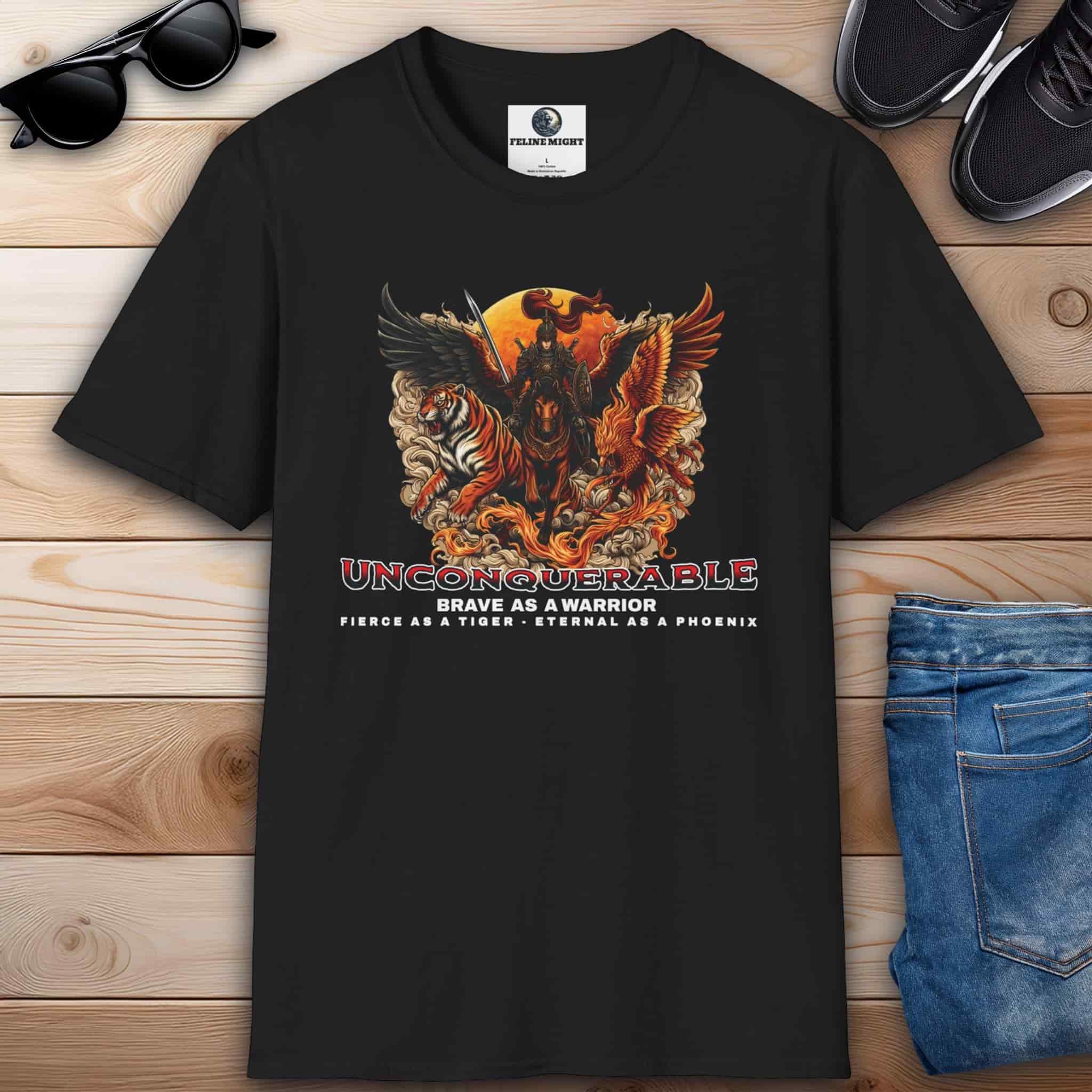 Black Unconquerable Warrior Tiger & Phoenix Tee featuring a fierce warrior design with a tiger and a phoenix, embodying bravery and strength.