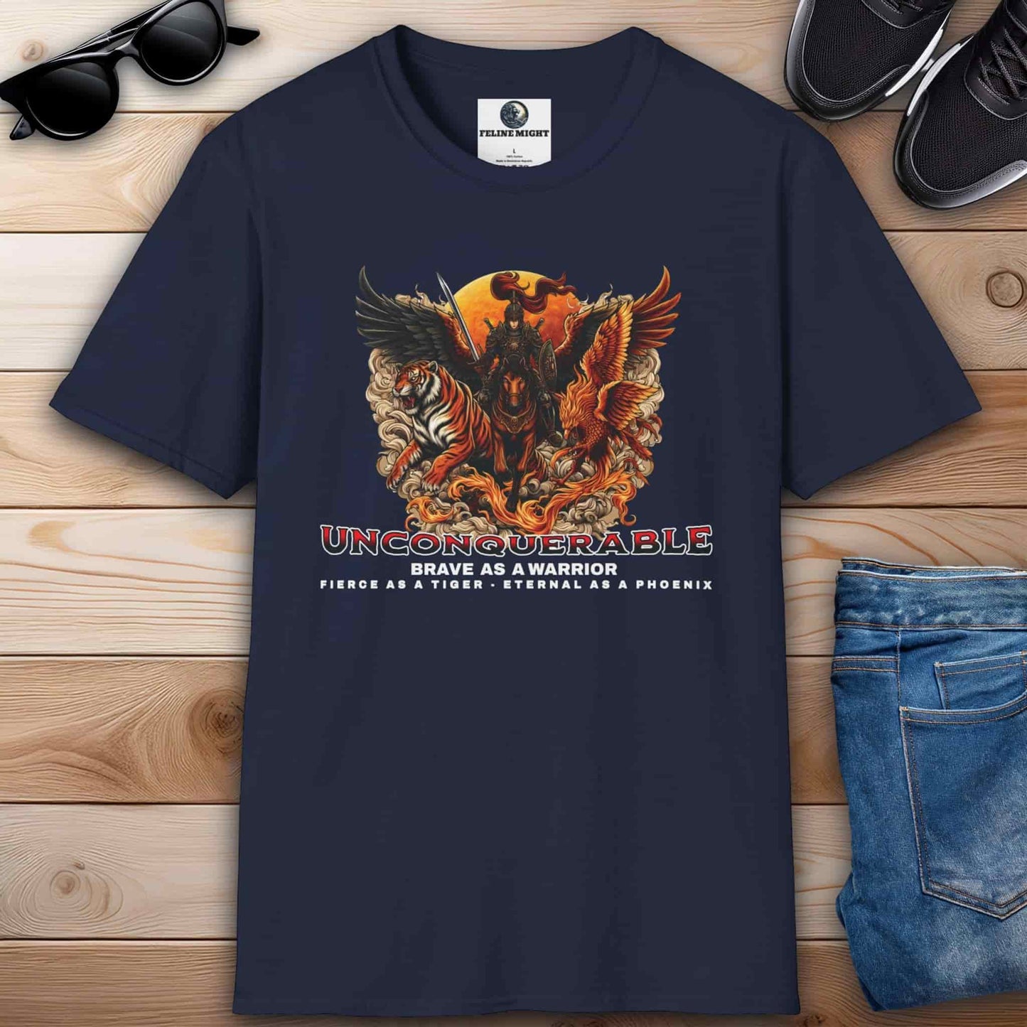 Navy blue t-shirt featuring a fierce warrior design with a tiger and a phoenix, embodying bravery and strength.