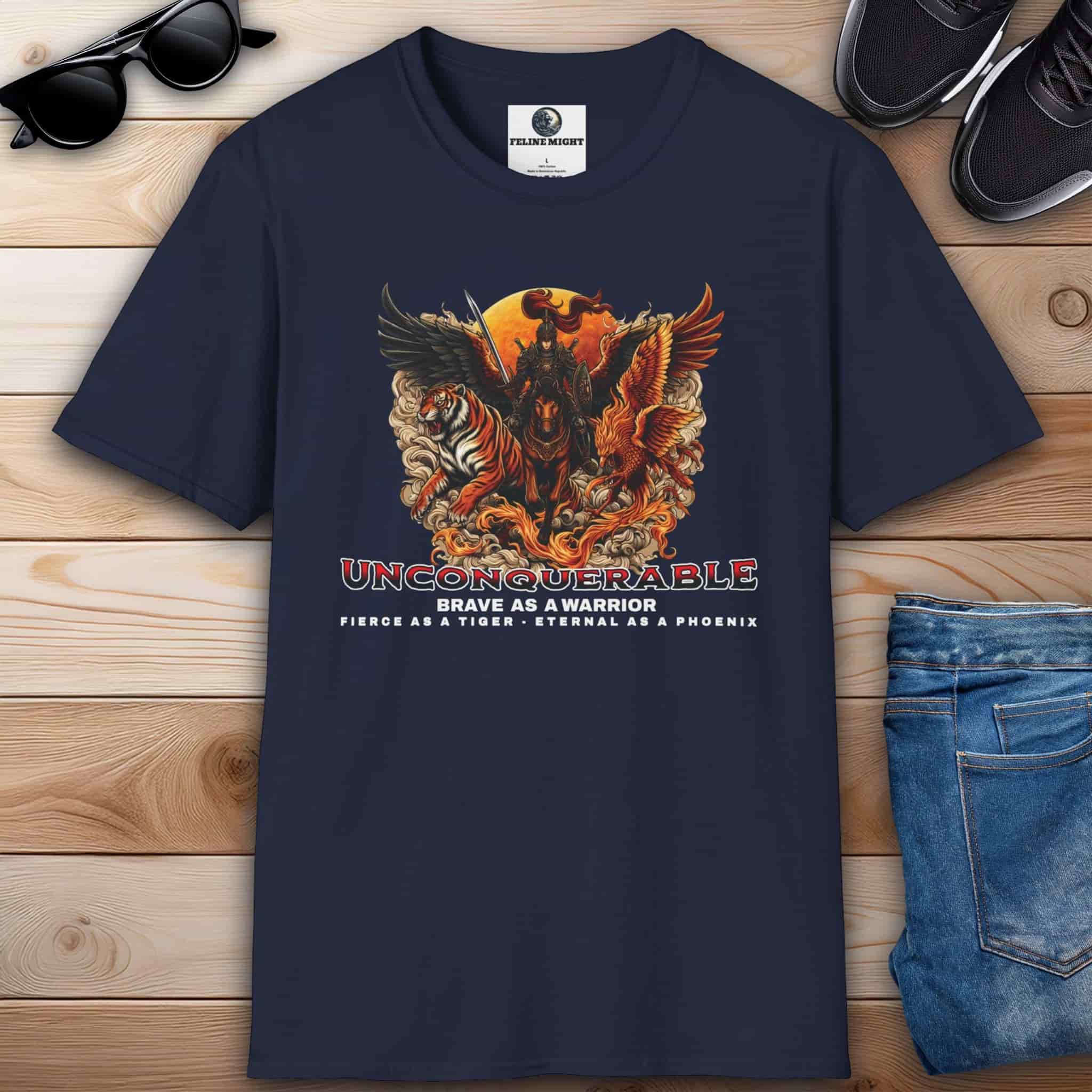 Navy blue Unconquerable Warrior Tiger & Phoenix Tee featuring a fierce warrior design with a tiger and a phoenix, embodying bravery and strength.
