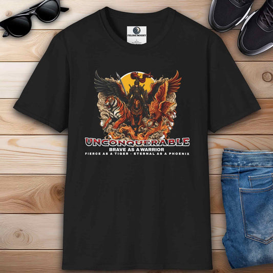 Black t-shirt featuring a fierce warrior design with a tiger and phoenix, embodying bravery and strength.