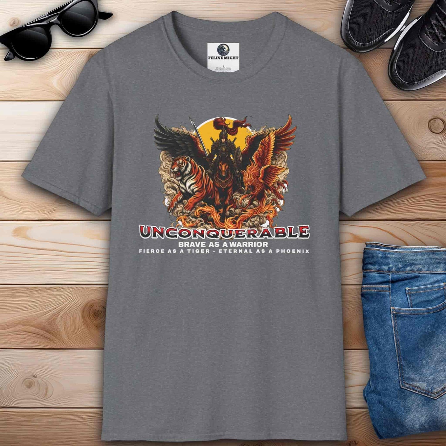 Athletic heather grey t-shirt featuring a fierce warrior design with a tiger and phoenix, embodying bravery and strength.