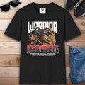 Black "Unstoppable Warrior and Tiger" T-Shirt featuring a warrior and tiger graphic with the text 'Unstoppable' and a motivational quote.